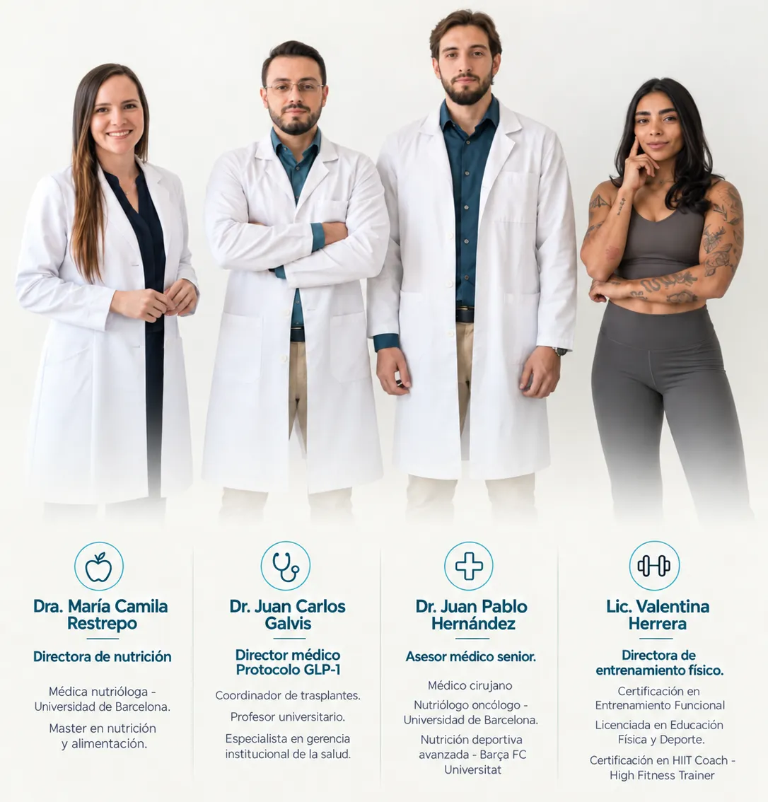 Consejo médico del Protocolo GLP-1: Dra. María Camila Restrepo, Dr. Juan Carlos Galvis, Dr. Juan Pablo Hernández y Lic. Valentina Herrera